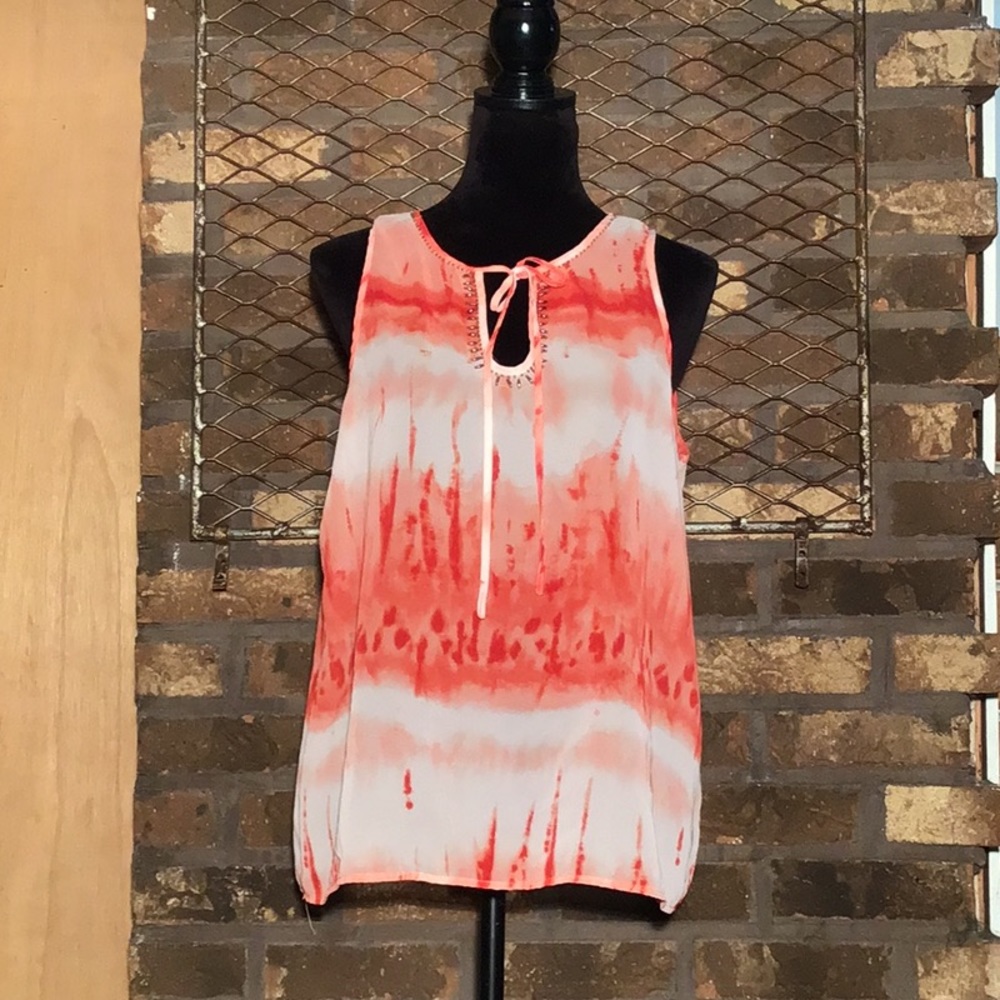 Violet + Claire tank top sheer coral water color with beaded detail L